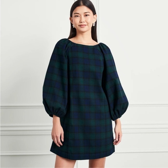 NWT Hill House Araminta Mini Shift Dress Blackwatch Tartan Size XS Puff Sleeves - Picture 1 of 7